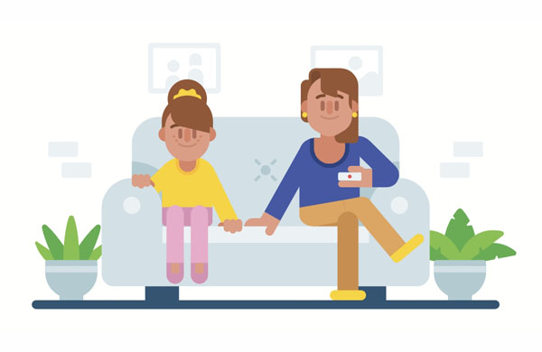 Our favorite TV series starts at 7. Mia and her mom are relaxing on the sofa. After work, Mom likes to relax by sitting on the couch and watching a movie.