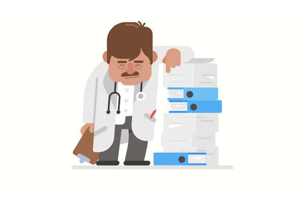 Doctor Smith is exhausted from reading and writing so many medical forms.