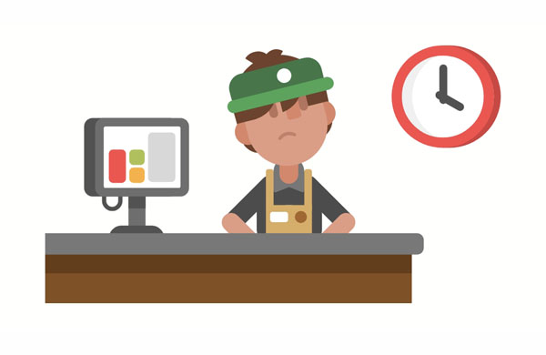 As&nbsp;a&nbsp;new employee, Max gets paid to&nbsp;stand and wait for customers.